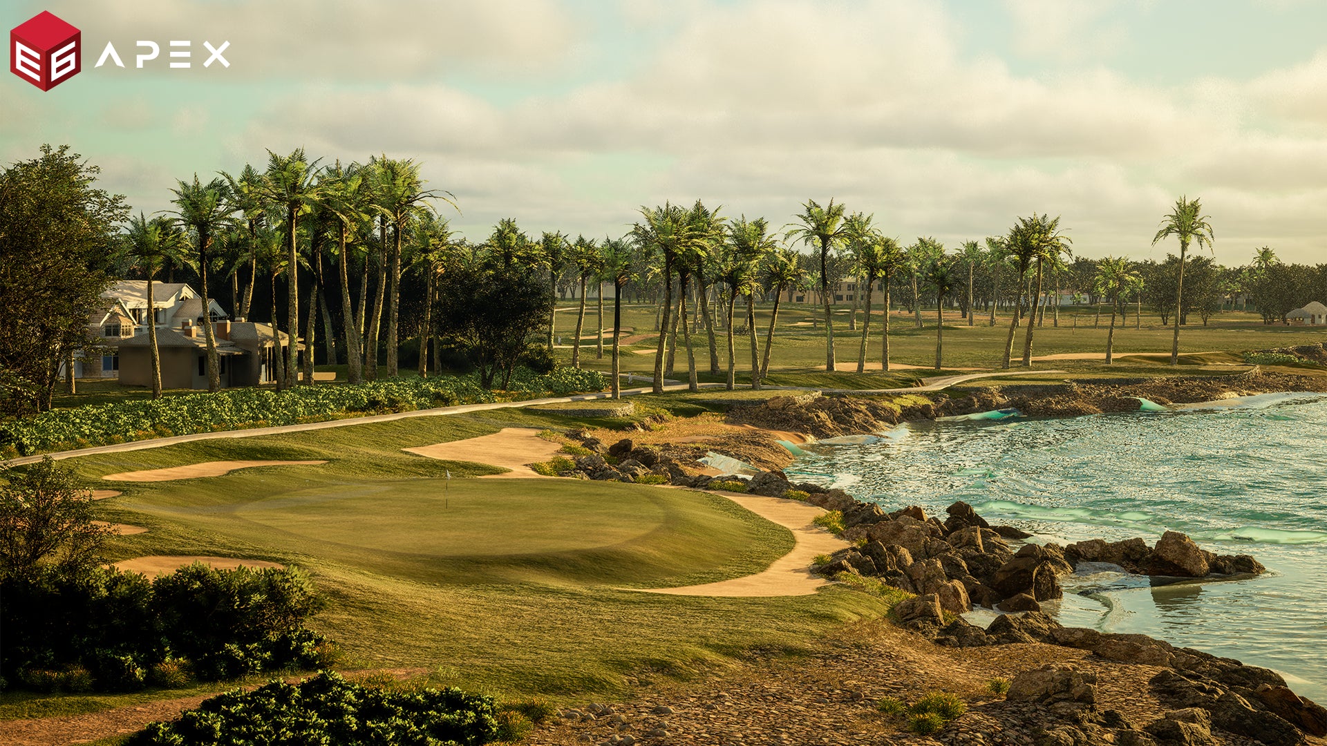 E6 APEX golf simulation showing Teeth of the Dog championship course with ocean views, palm trees, and photorealistic fairways