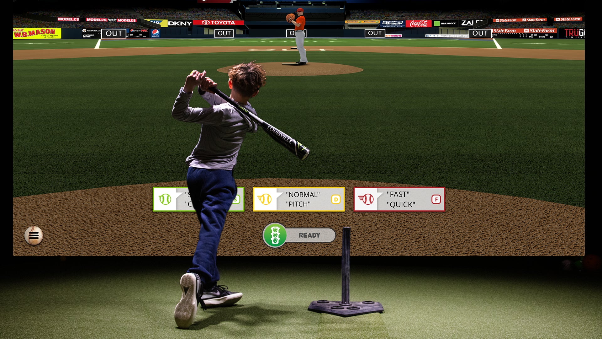 MultiSport ARCADE baseball batting simulator with child at bat in front of projection screen